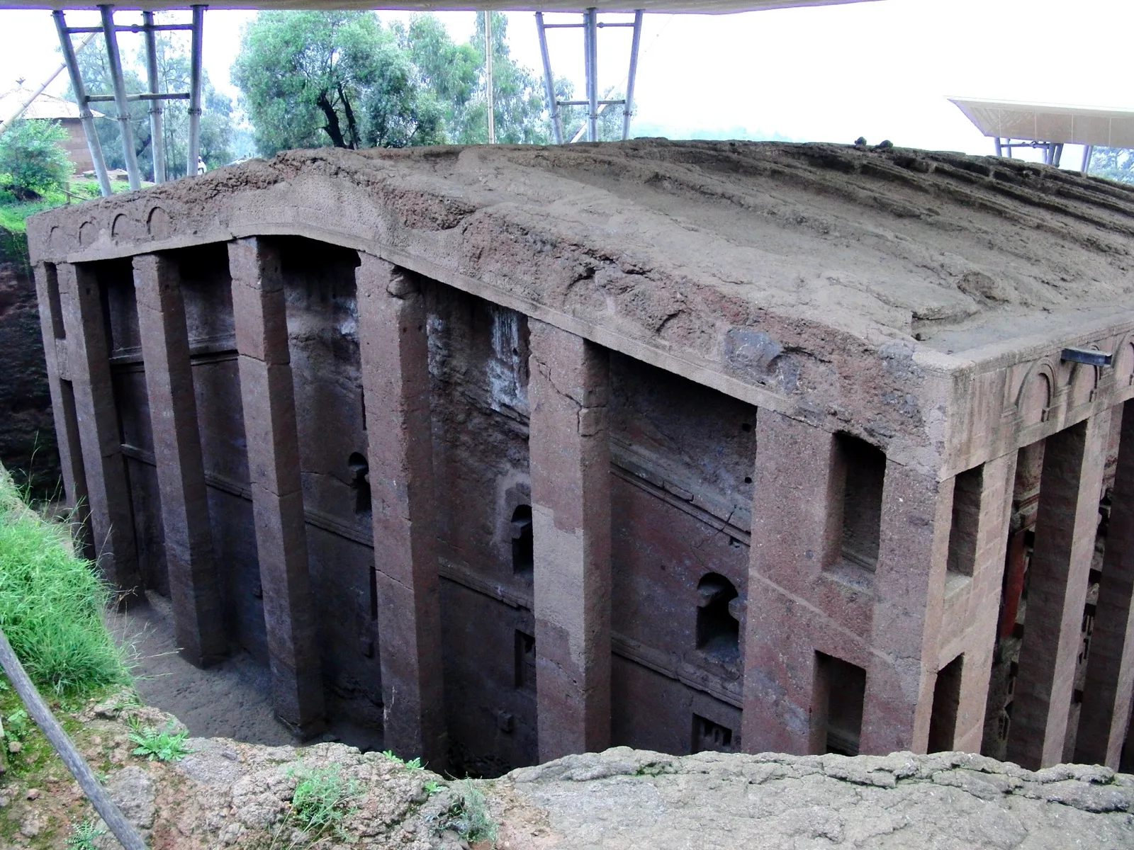 The columned exterior of Bete Medhane Alem in Lalibela