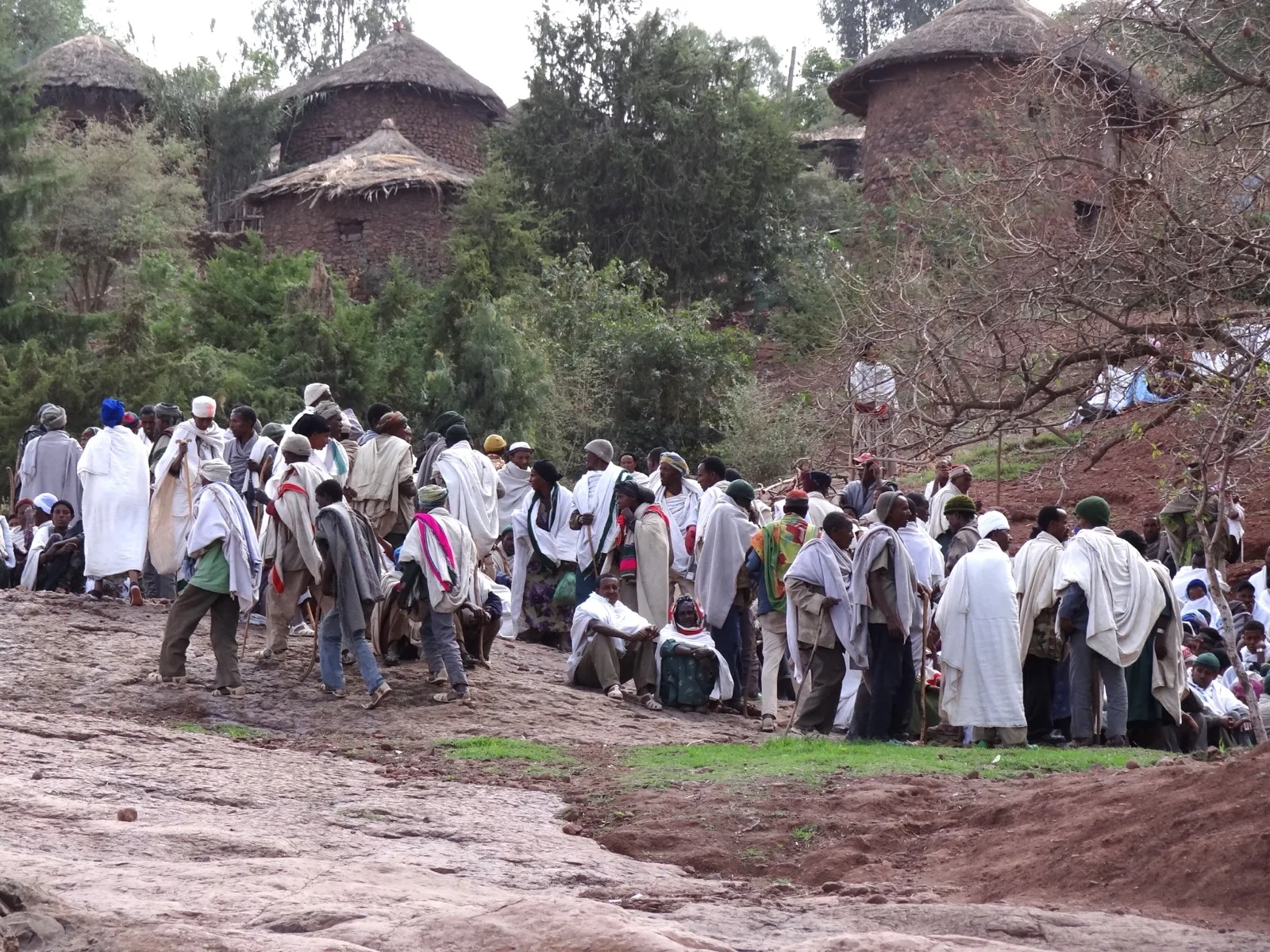 Pilgrims dressed in white gathered at Lalibela